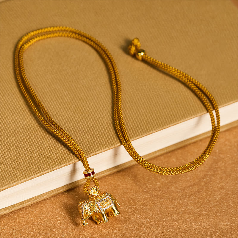 Wear FengShui 24k Gold Plated Brass Elephant Charm Strength Rope Necklace Pendant