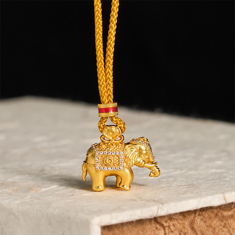 Wear FengShui 24k Gold Plated Brass Elephant Charm Strength Rope Necklace Pendant
