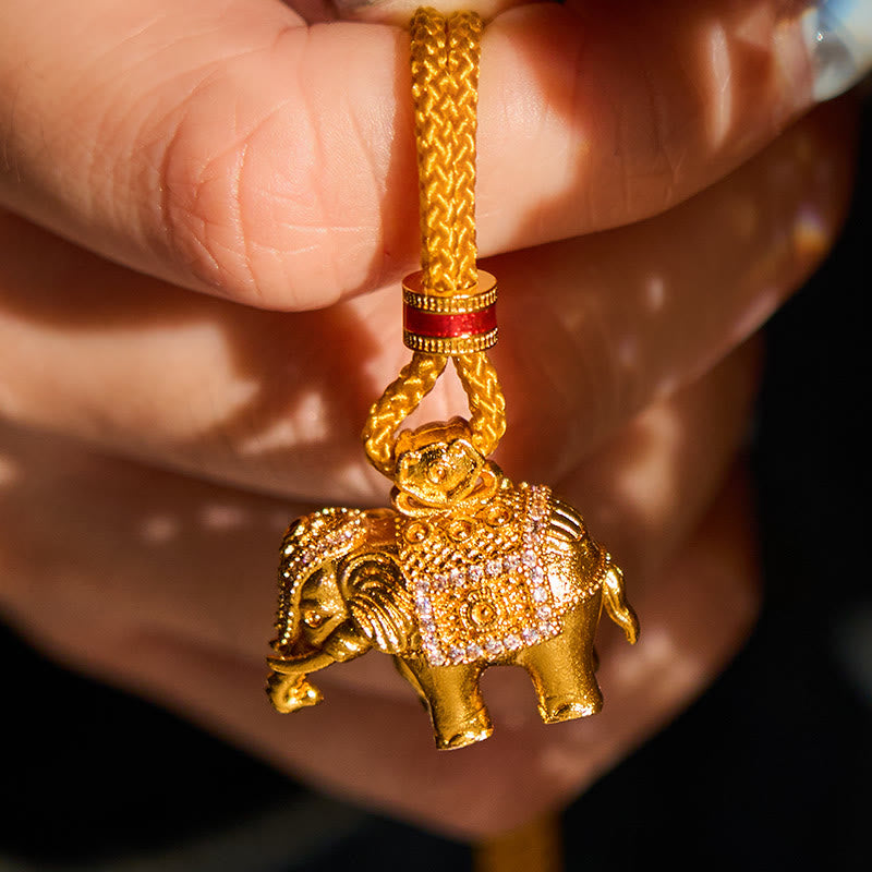 Wear FengShui 24k Gold Plated Brass Elephant Charm Strength Rope Necklace Pendant