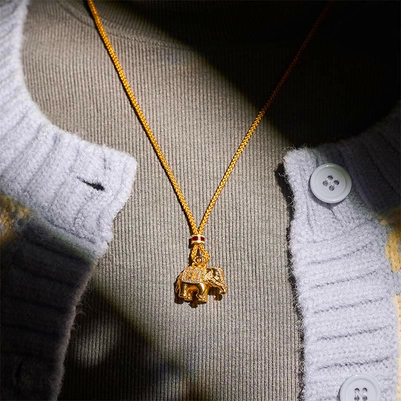 Wear FengShui 24k Gold Plated Brass Elephant Charm Strength Rope Necklace Pendant
