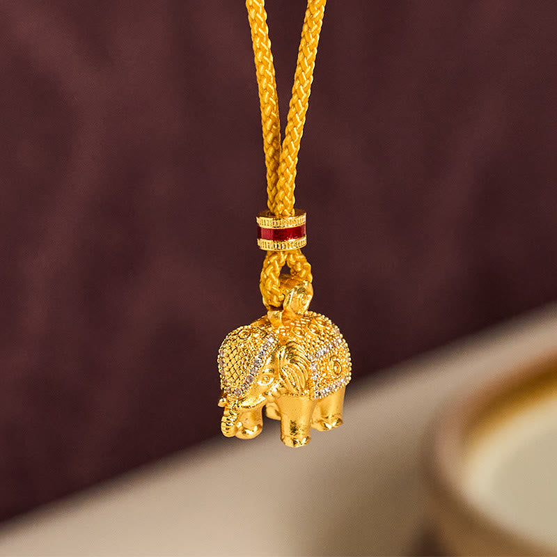 Wear FengShui 24k Gold Plated Brass Elephant Charm Strength Rope Necklace Pendant