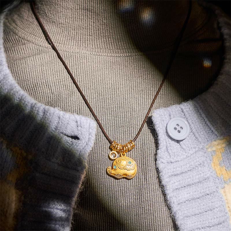 Wear FengShui Elephant Symbol 24k Gold Plated Brass Strength Rope Necklace Pendant