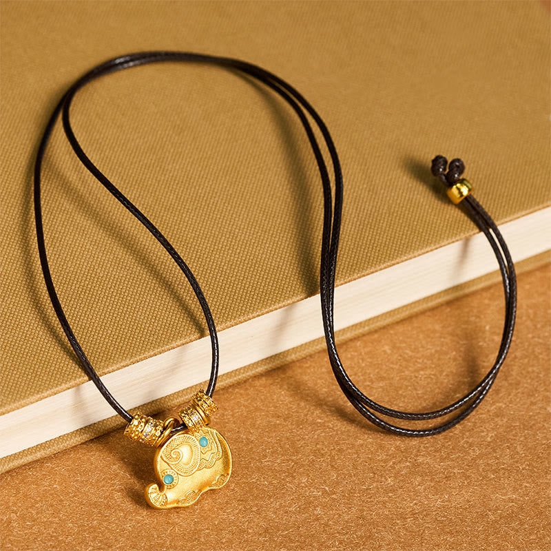 Wear FengShui Elephant Symbol 24k Gold Plated Brass Strength Rope Necklace Pendant