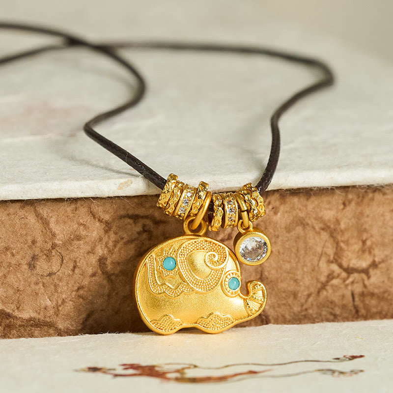 Wear FengShui Elephant Symbol 24k Gold Plated Brass Strength Rope Necklace Pendant