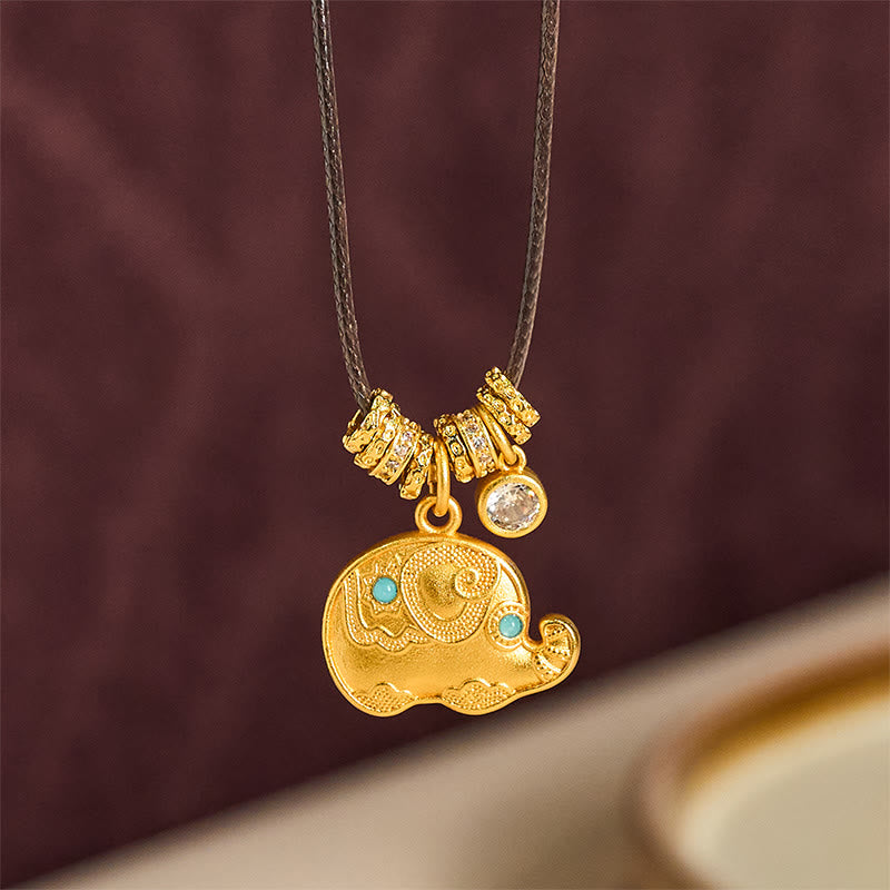 Wear FengShui Elephant Symbol 24k Gold Plated Brass Strength Rope Necklace Pendant