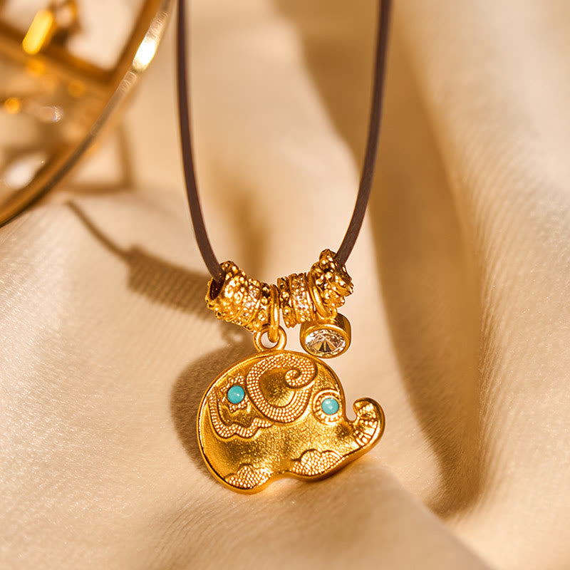 Wear FengShui Elephant Symbol 24k Gold Plated Brass Strength Rope Necklace Pendant