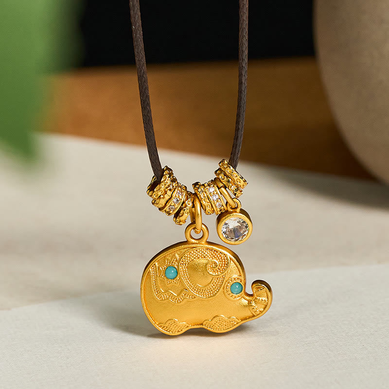 Wear FengShui Elephant Symbol 24k Gold Plated Brass Strength Rope Necklace Pendant