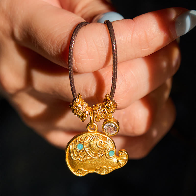 Wear FengShui Elephant Symbol 24k Gold Plated Brass Strength Rope Necklace Pendant
