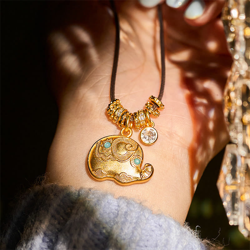Wear FengShui Elephant Symbol 24k Gold Plated Brass Strength Rope Necklace Pendant