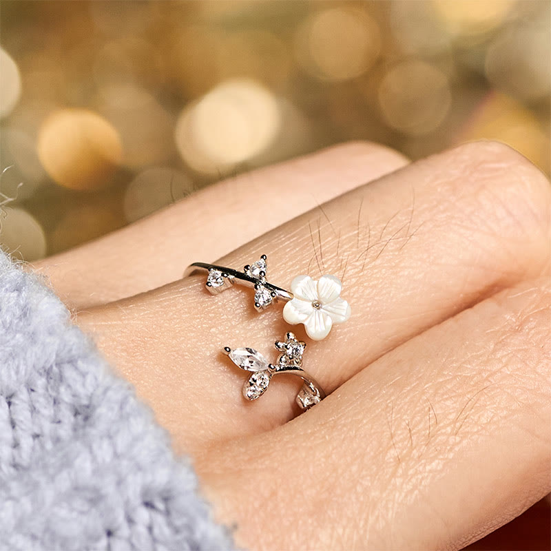 Wear FengShui 925 Sterling Silver White Flower Design Adjustable Blessing Ring
