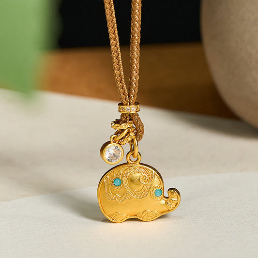 Wear FengShui 24k Gold Plated Brass Elephant Symbol Braided Cord Strength Necklace Pendant