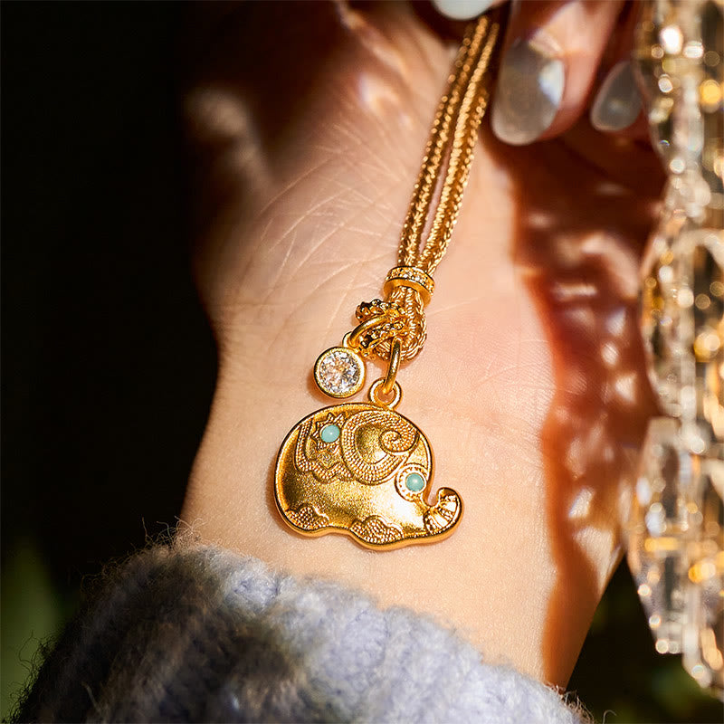 Wear FengShui "May Strength Be With You" 24k Gold Plated Brass Elephant Necklace Includes Gift Message Card