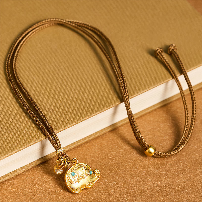 Wear FengShui 24k Gold Plated Brass Elephant Symbol Braided Cord Strength Necklace Pendant