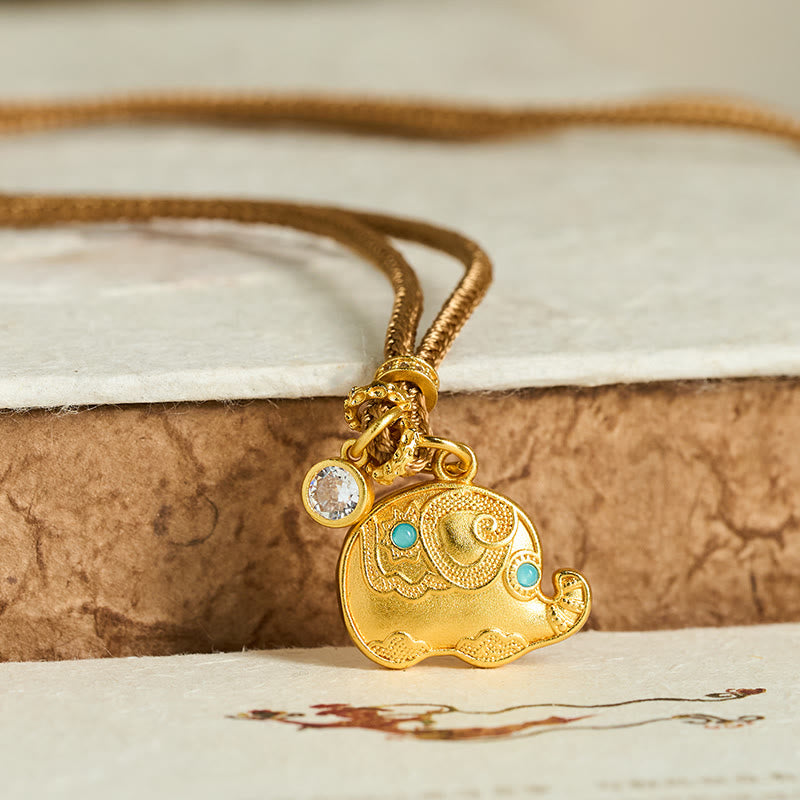 Wear FengShui 24k Gold Plated Brass Elephant Symbol Braided Cord Strength Necklace Pendant
