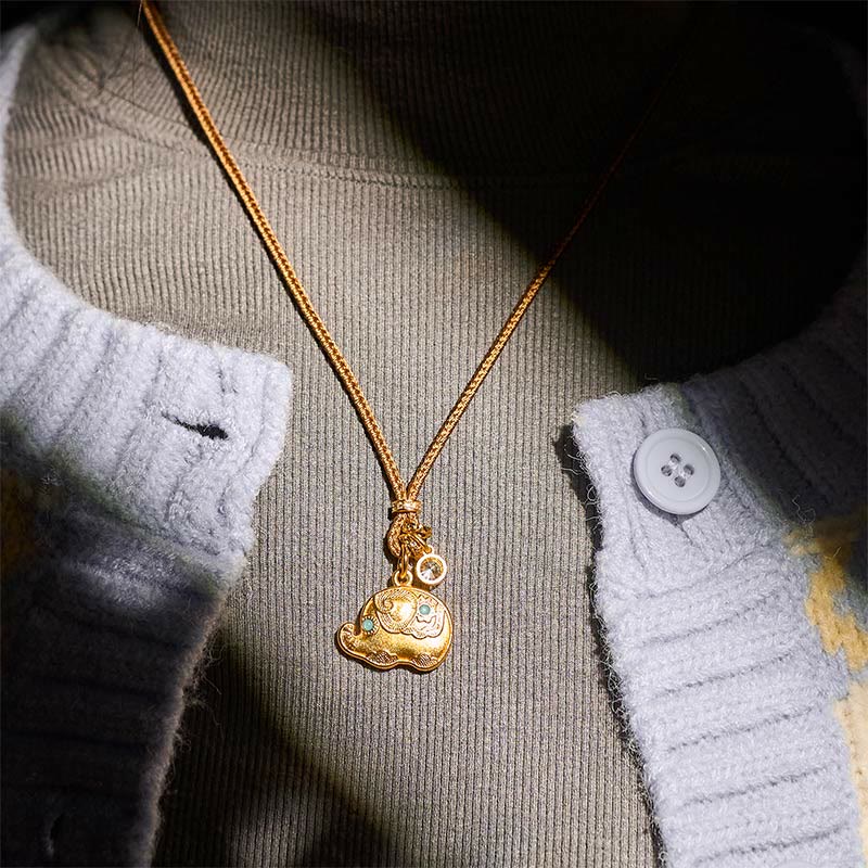 Wear FengShui 24k Gold Plated Brass Elephant Symbol Braided Cord Strength Necklace Pendant