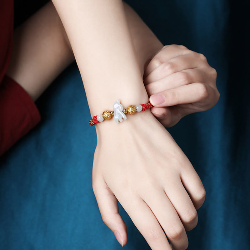 Wear FengShui Chinese Zodiac Jade Silver Beads Year Of The Horse Red String Luck Bracelet