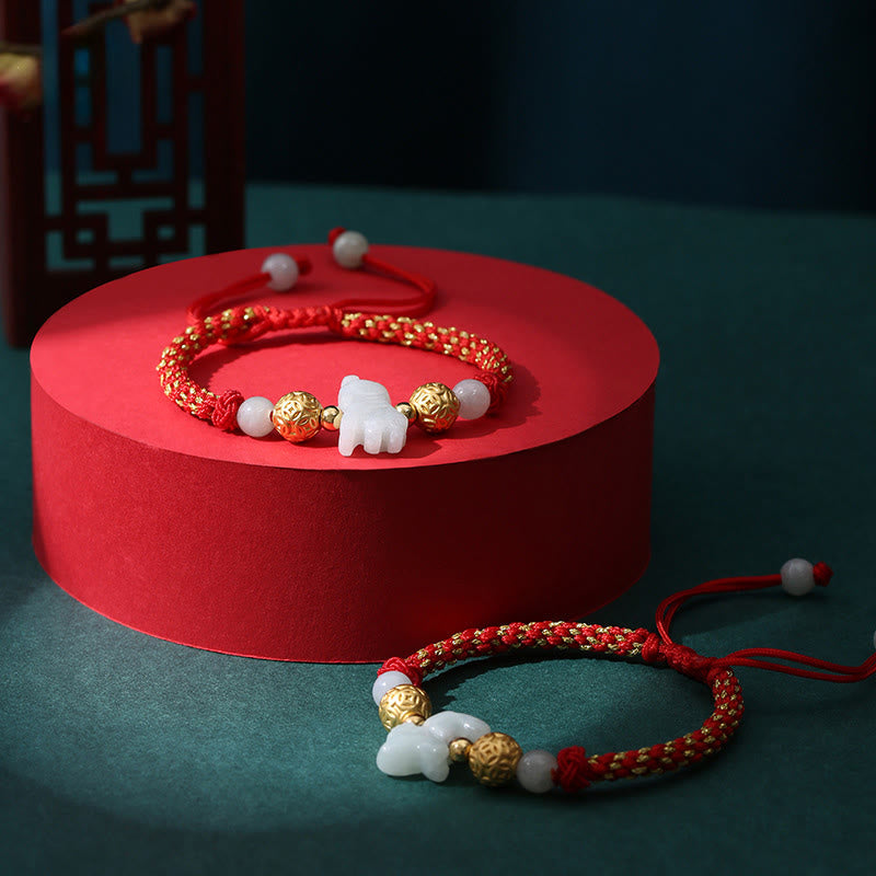 Wear FengShui Chinese Zodiac Jade Silver Beads Year Of The Horse Red String Luck Bracelet