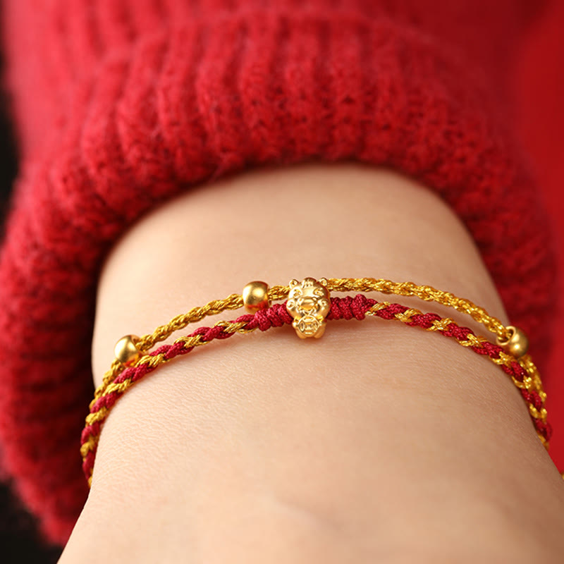 Wear FengShui 999 Gold Beads Year Of The Horse Double Wrap Golden Red String Luck Bracelet