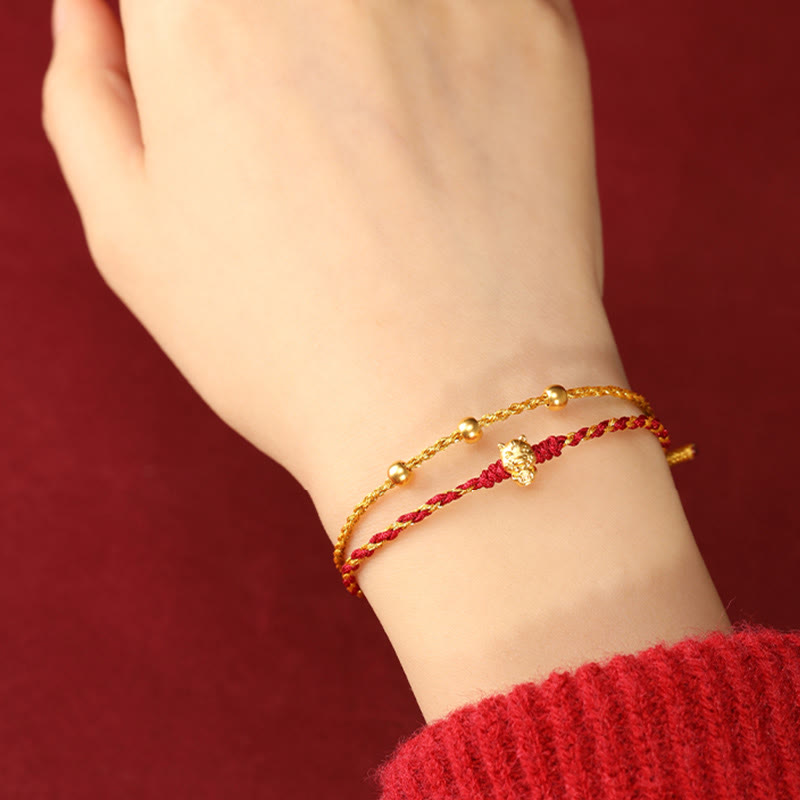 Wear FengShui 999 Gold Beads Year Of The Horse Double Wrap Golden Red String Luck Bracelet