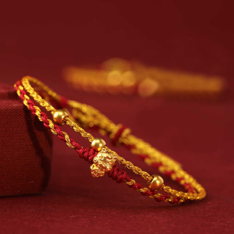 Wear FengShui 999 Gold Beads Year Of The Horse Double Wrap Golden Red String Luck Bracelet