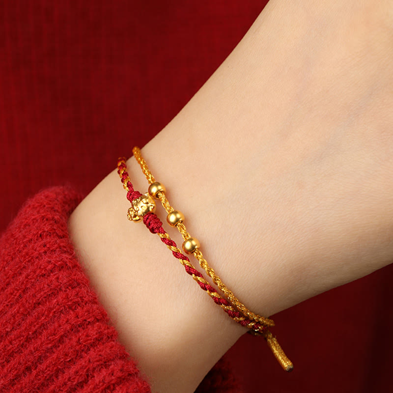 Wear FengShui 999 Gold Beads Year Of The Horse Double Wrap Golden Red String Luck Bracelet