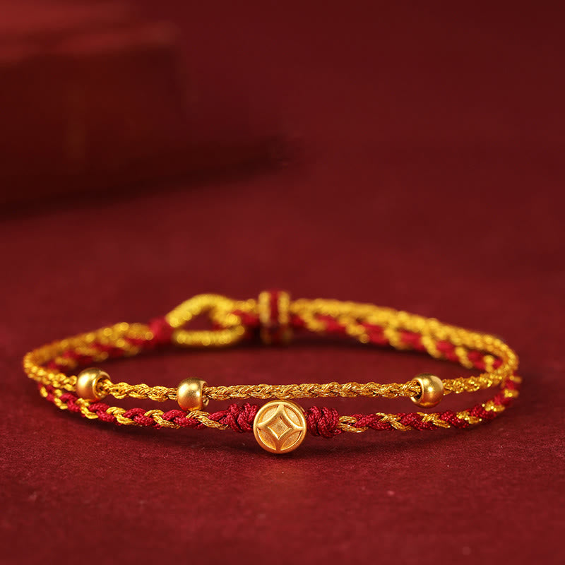 Wear FengShui 999 Gold Beads Copper Coin Double Wrap Golden Red String Connection Braided Bracelet