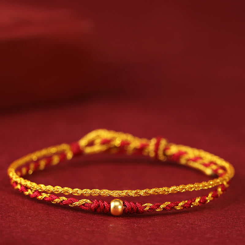 Wear FengShui 999 Gold Beads Copper Coin Double Wrap Golden Red String Connection Braided Bracelet