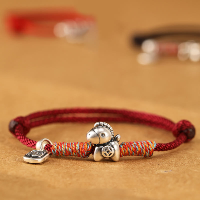 Wear FengShui 999 Sterling Silver Year Of The Horse Fu Character Charm String Braided Luck Bracelet
