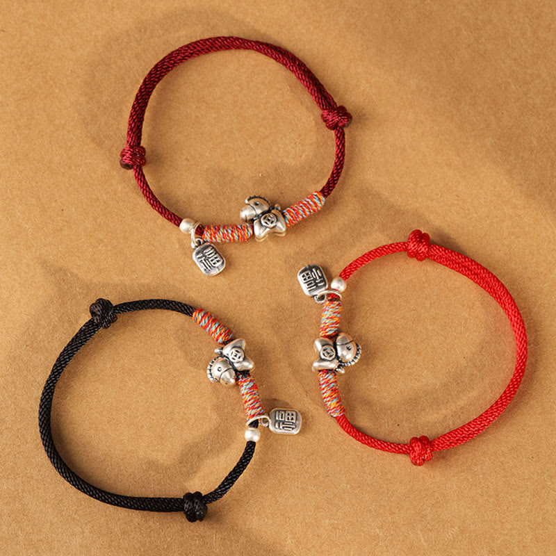 Wear FengShui 999 Sterling Silver Year Of The Horse Fu Character Charm String Braided Luck Bracelet