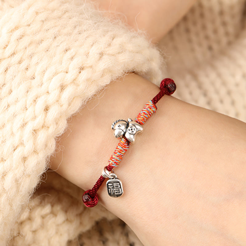 Wear FengShui 999 Sterling Silver Year Of The Horse Fu Character Charm String Braided Luck Bracelet