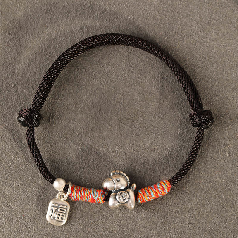 Wear FengShui 999 Sterling Silver Year Of The Horse Fu Character Charm String Braided Luck Bracelet