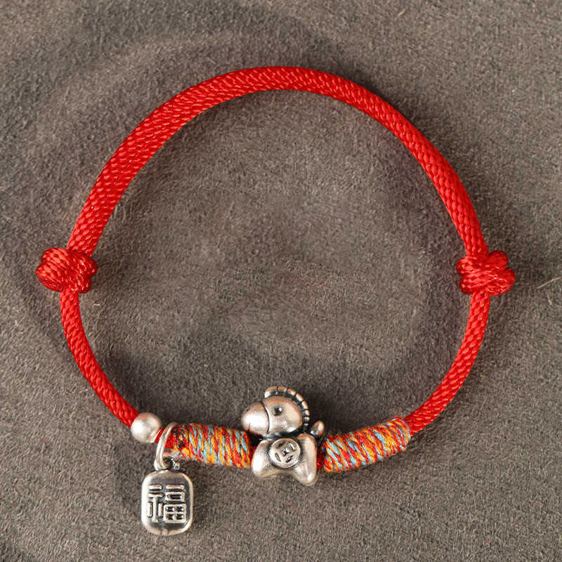 Wear FengShui 999 Sterling Silver Year Of The Horse Fu Character Charm String Braided Luck Bracelet