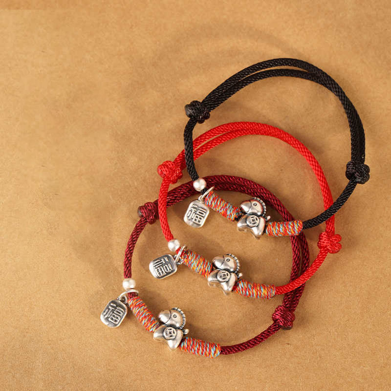 Wear FengShui 999 Sterling Silver Year Of The Horse Fu Character Charm String Braided Luck Bracelet