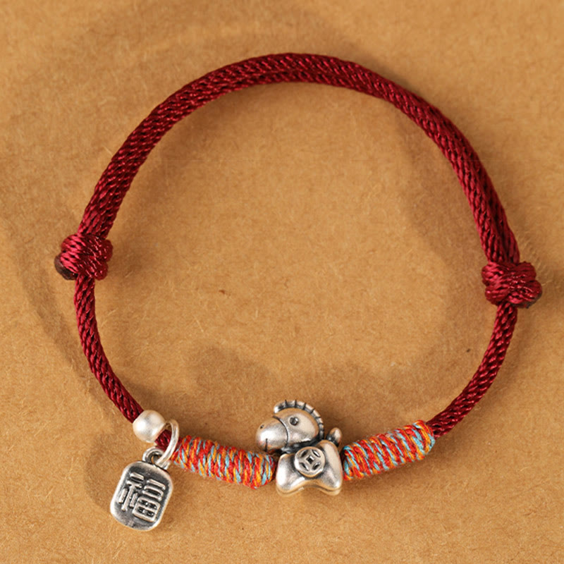 Wear FengShui 999 Sterling Silver Year Of The Horse Fu Character Charm String Braided Luck Bracelet