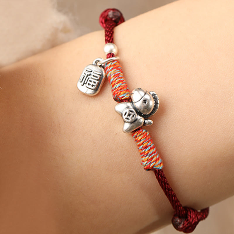 Wear FengShui 999 Sterling Silver Year Of The Horse Fu Character Charm String Braided Luck Bracelet