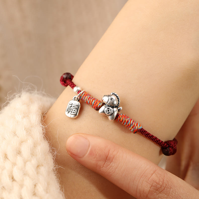 Wear FengShui 999 Sterling Silver Year Of The Horse Fu Character Charm String Braided Luck Bracelet