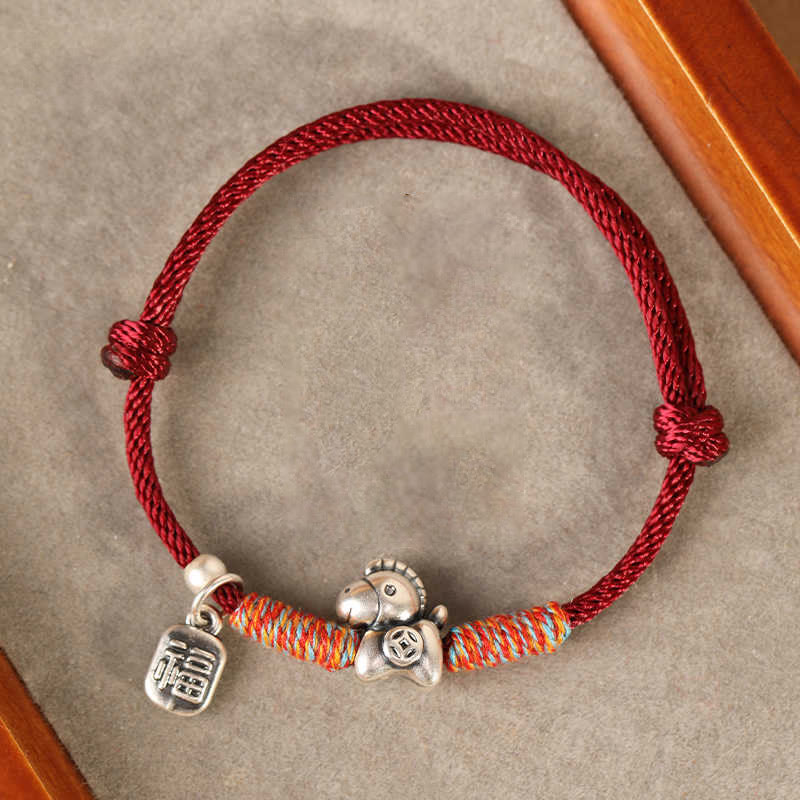 Wear FengShui 999 Sterling Silver Year Of The Horse Fu Character Charm String Braided Luck Bracelet