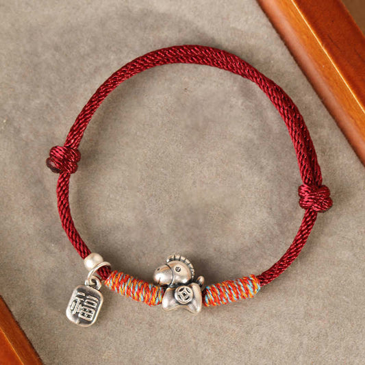 Wear FengShui 999 Sterling Silver Year Of The Horse Fu Character Charm String Braided Luck Bracelet