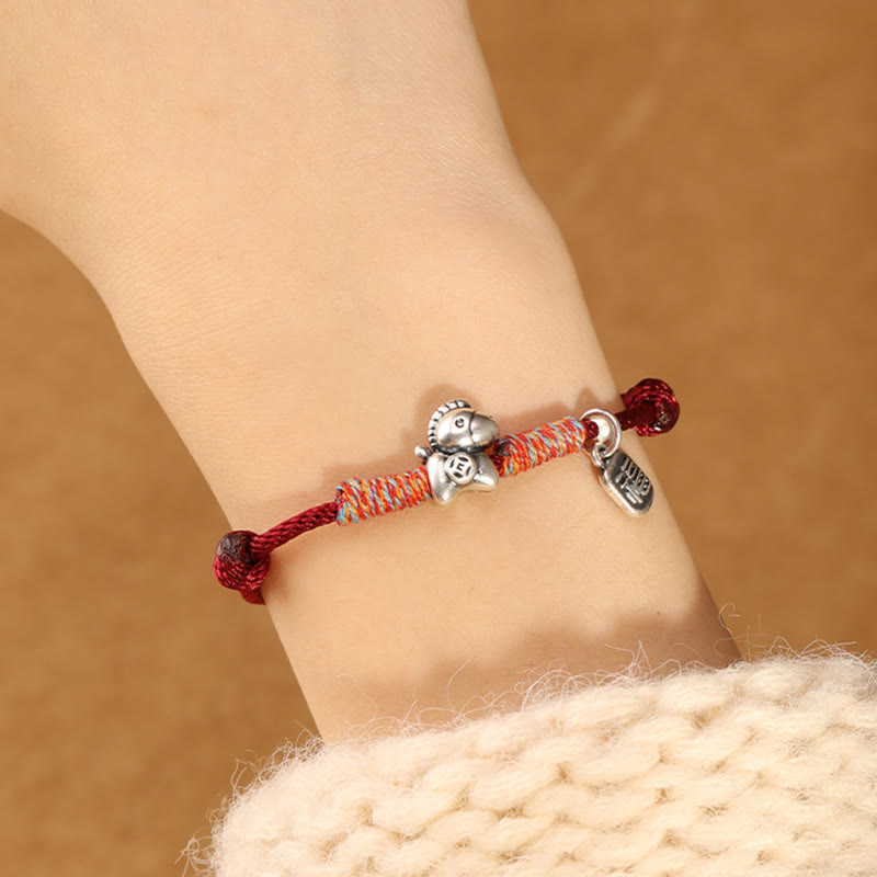 Wear FengShui 999 Sterling Silver Year Of The Horse Fu Character Charm String Braided Luck Bracelet