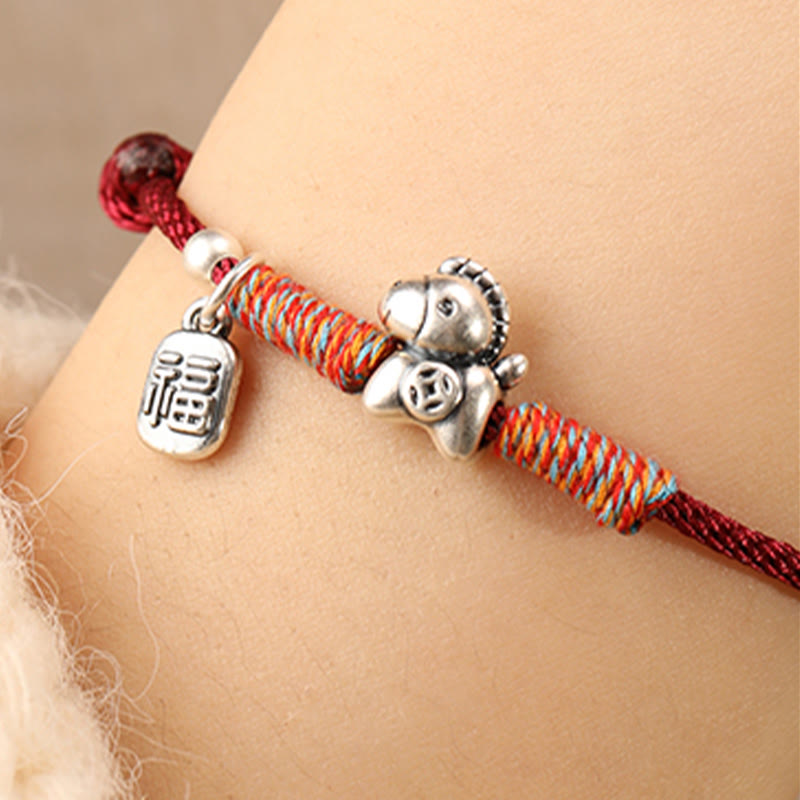 Wear FengShui 999 Sterling Silver Year Of The Horse Fu Character Charm String Braided Luck Bracelet