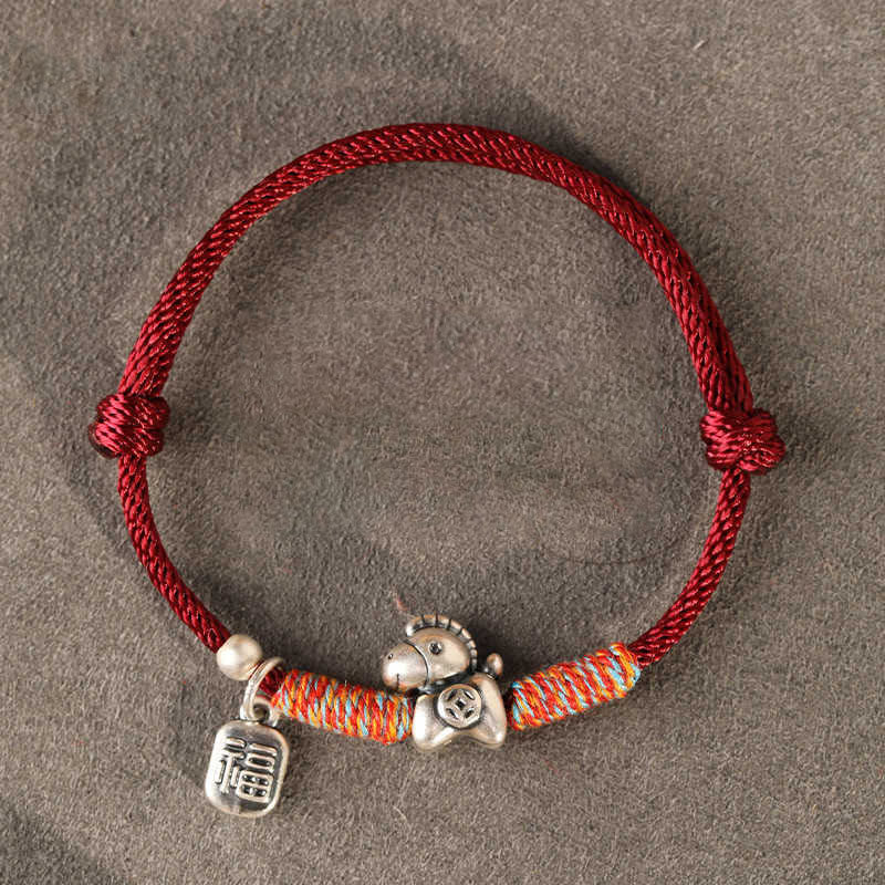 Wear FengShui 999 Sterling Silver Year Of The Horse Fu Character Charm String Braided Luck Bracelet