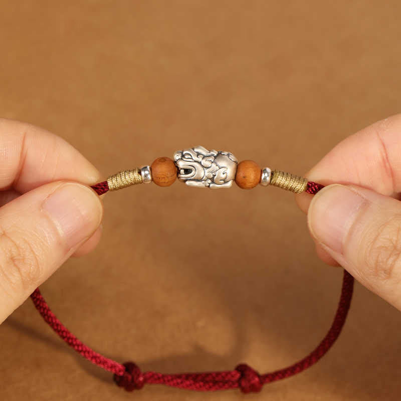 Wear FengShui 999 Sterling Silver Pixiu Charm Peach Wood Bead Handmade String Braided Luck Bracelet Anklet