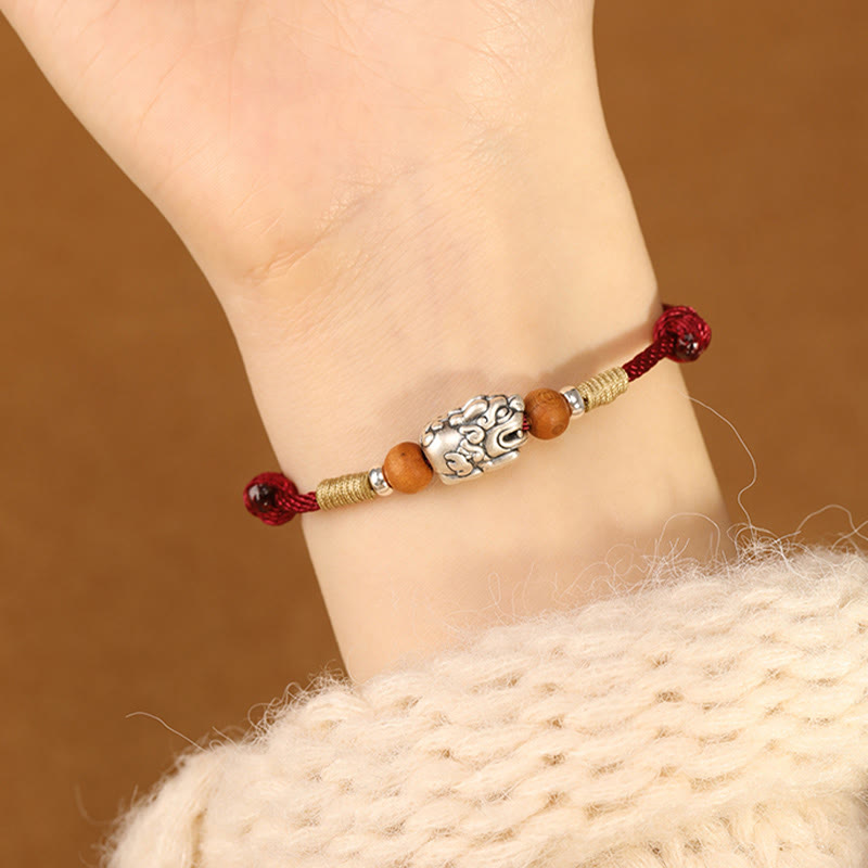 Wear FengShui 999 Sterling Silver Pixiu Charm Peach Wood Bead Handmade String Braided Luck Bracelet Anklet