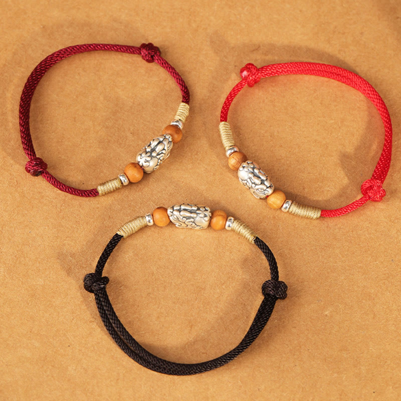 Wear FengShui 999 Sterling Silver Pixiu Charm Peach Wood Bead Handmade String Braided Luck Bracelet Anklet