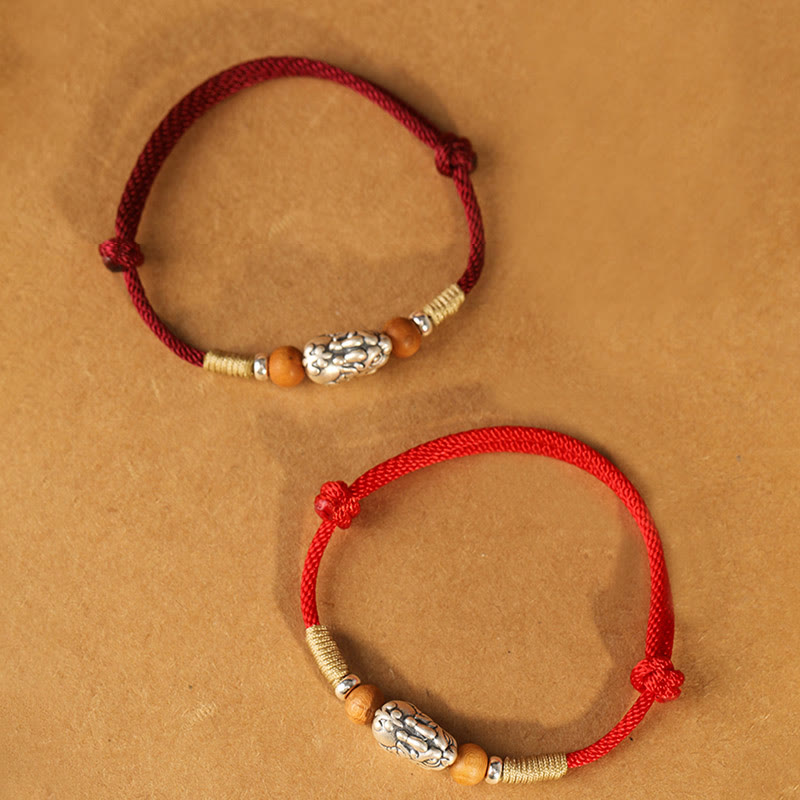Wear FengShui 999 Sterling Silver Pixiu Charm Peach Wood Bead Handmade String Braided Luck Bracelet Anklet