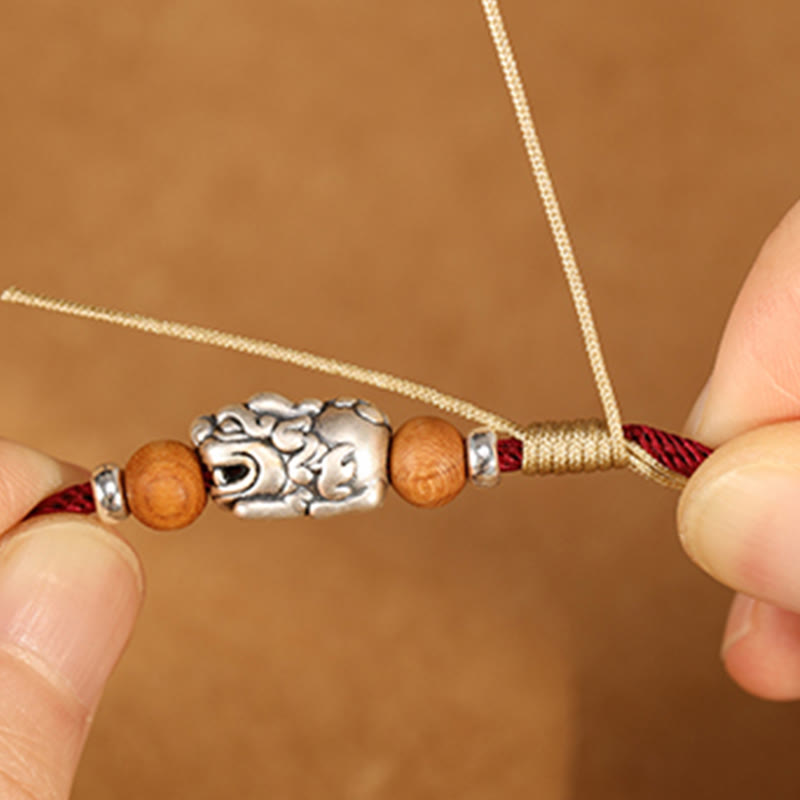 Wear FengShui 999 Sterling Silver Pixiu Charm Peach Wood Bead Handmade String Braided Luck Bracelet Anklet