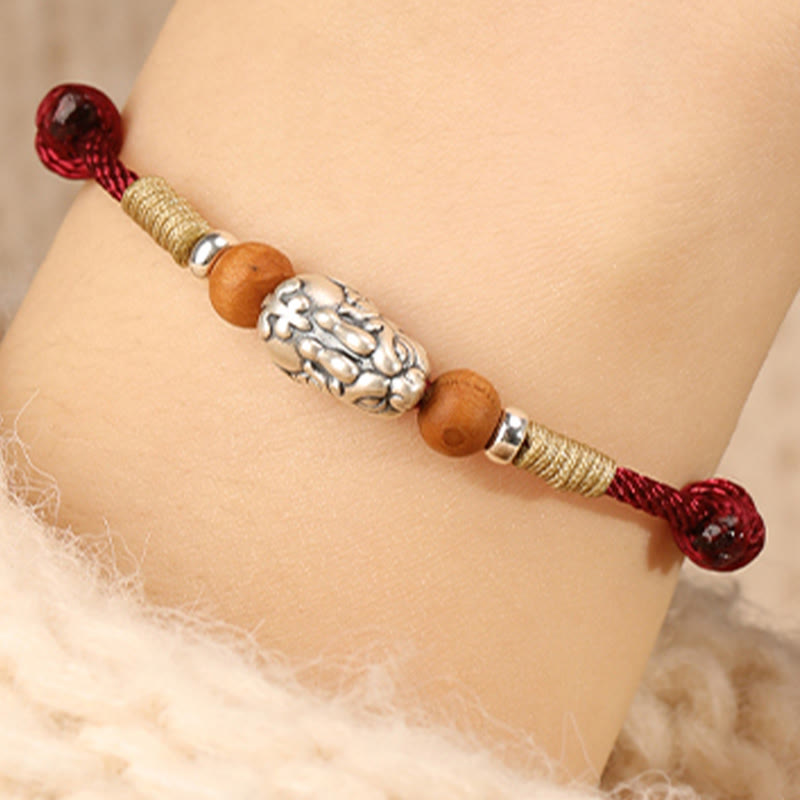 Wear FengShui 999 Sterling Silver Pixiu Charm Peach Wood Bead Handmade String Braided Luck Bracelet Anklet