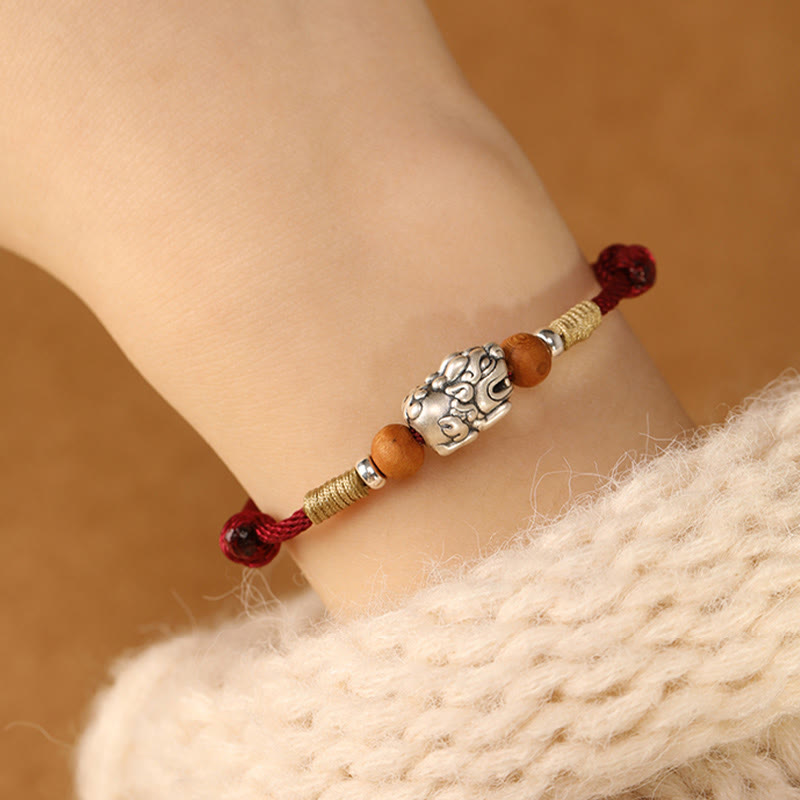 Wear FengShui 999 Sterling Silver Pixiu Charm Peach Wood Bead Handmade String Braided Luck Bracelet Anklet