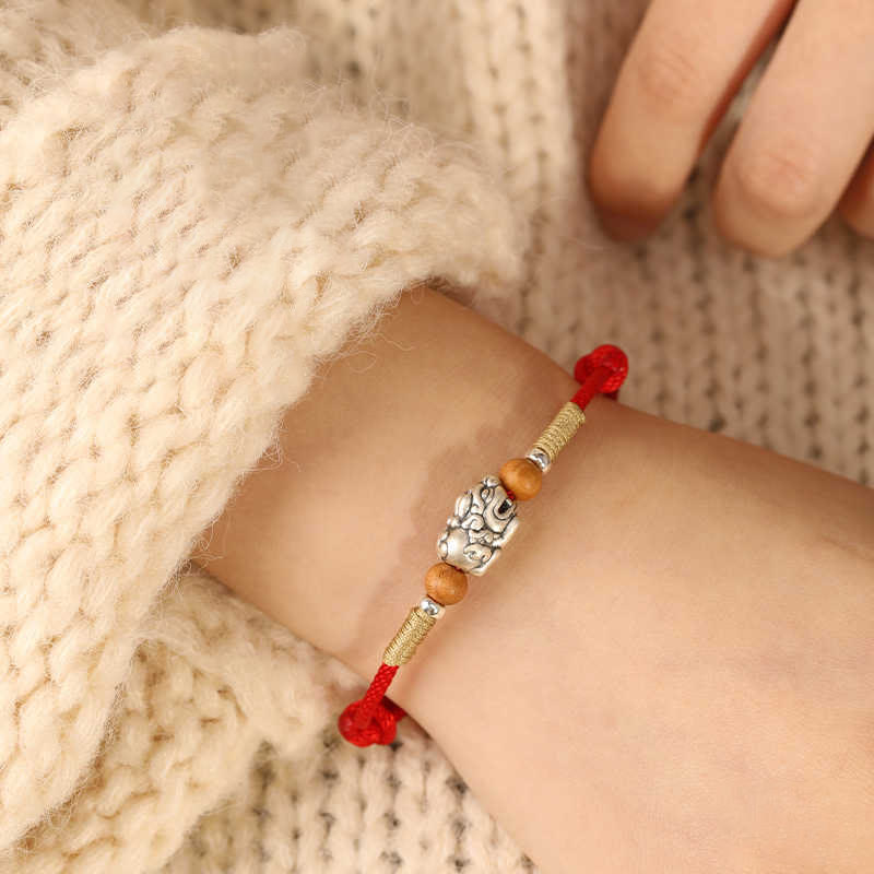 Wear FengShui 999 Sterling Silver Pixiu Charm Peach Wood Bead Handmade String Braided Luck Bracelet Anklet