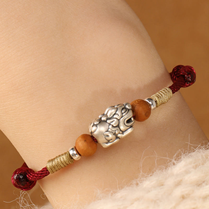 Wear FengShui 999 Sterling Silver Pixiu Charm Peach Wood Bead Handmade String Braided Luck Bracelet Anklet